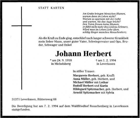 Herbert Johann 1910-1994 Todesanzeige